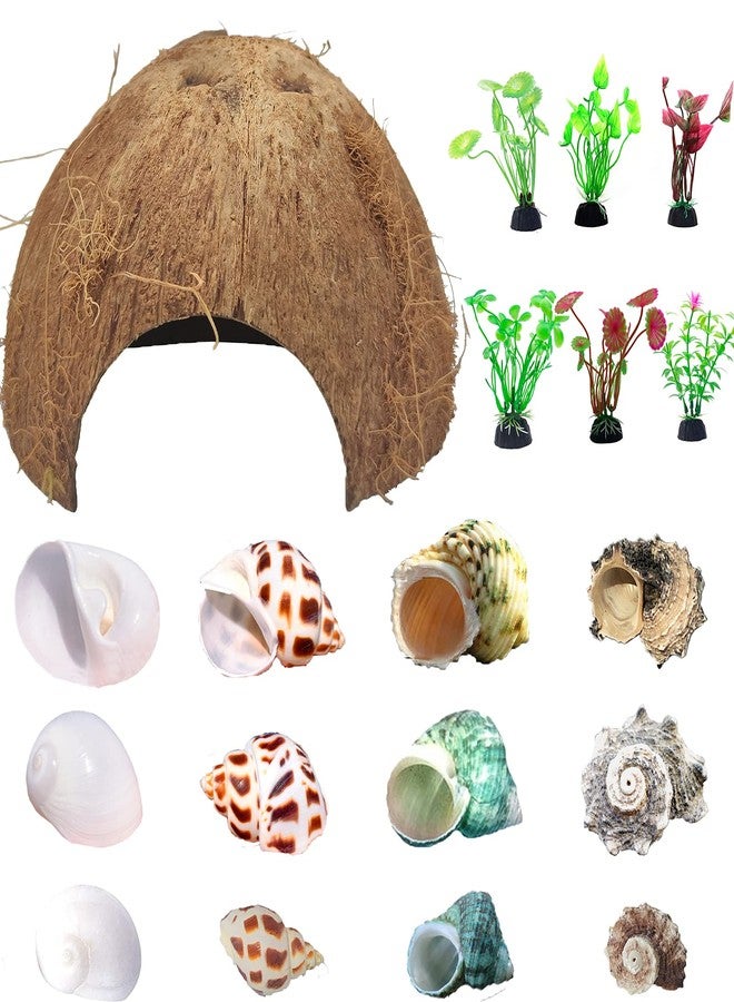 SINKOO Hermit Crab Shells Natural Coconut Shell Hut Artificial Plants 19 PCS Decoration Supplies House Tank - Image 1